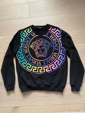 100% Authentic Versace Black Crewneck Sweatshirt with Rainbow Medusa Print